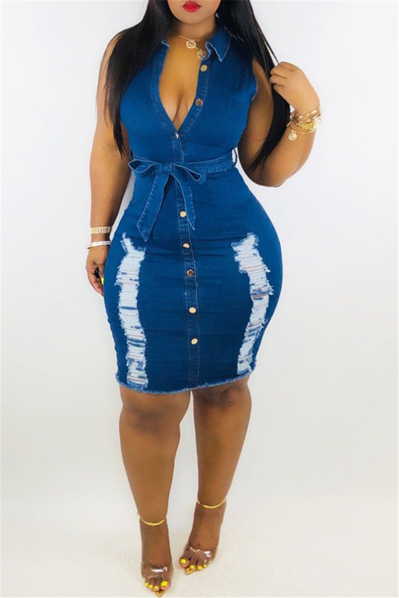 Denim Distressed Sleeveless Dress With Belt - outyfit