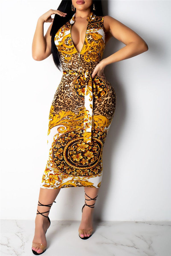 Floral Printed Sleeveless Dress With Belt - outyfit