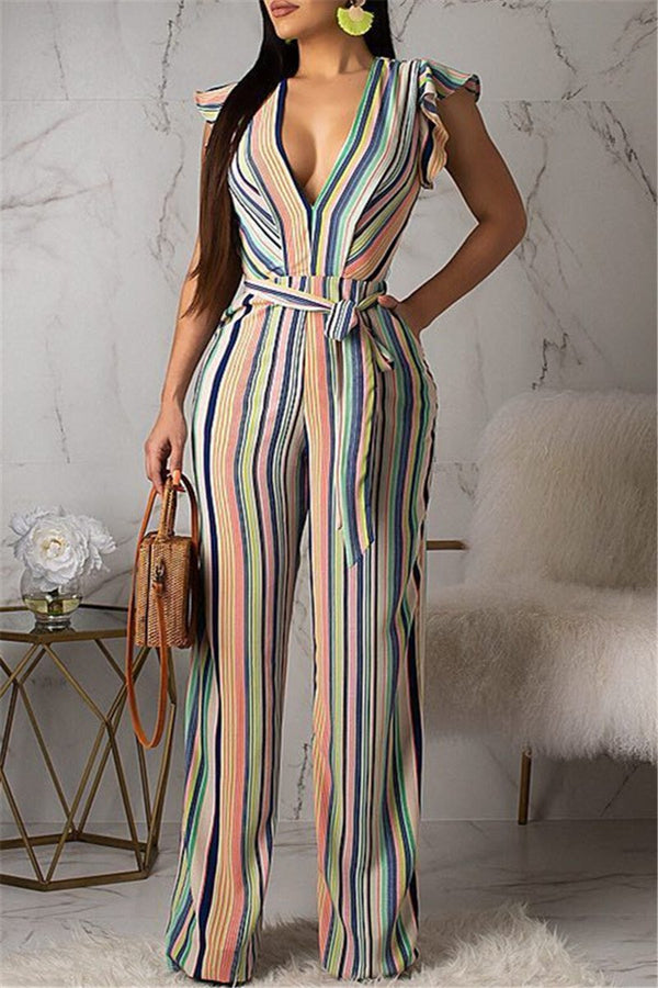 Striped Ruffle Back Hollow Out Jumpsuit