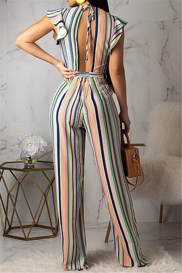 Striped Ruffle Back Hollow Out Jumpsuit