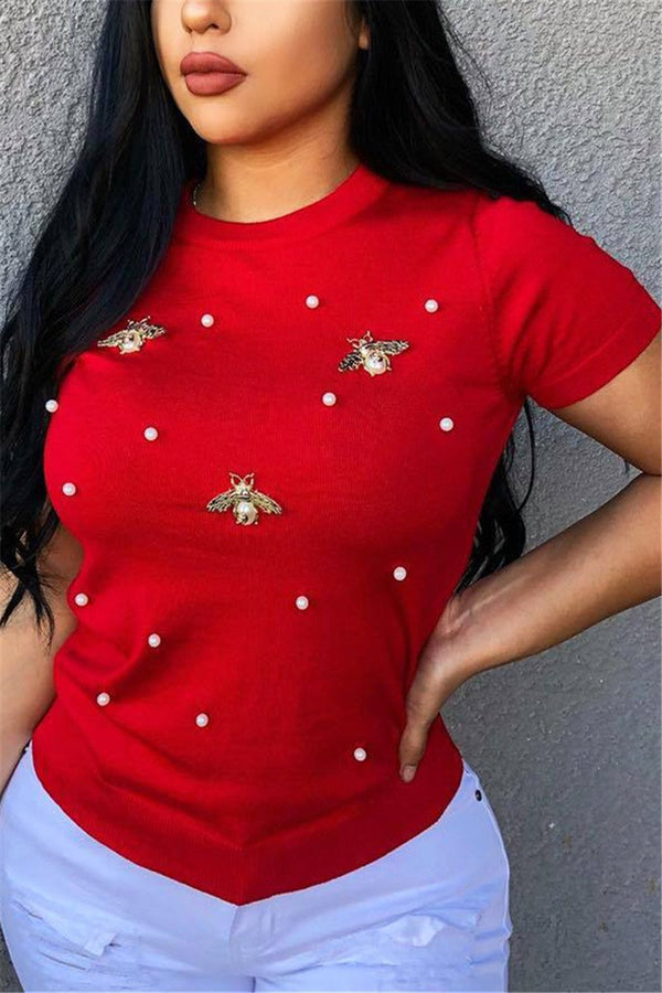 Plus Size Butterfly Pearl Studded Top