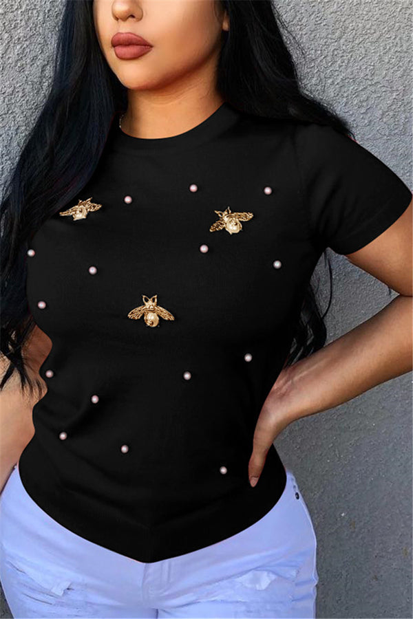 Plus Size Butterfly Pearl Studded Top