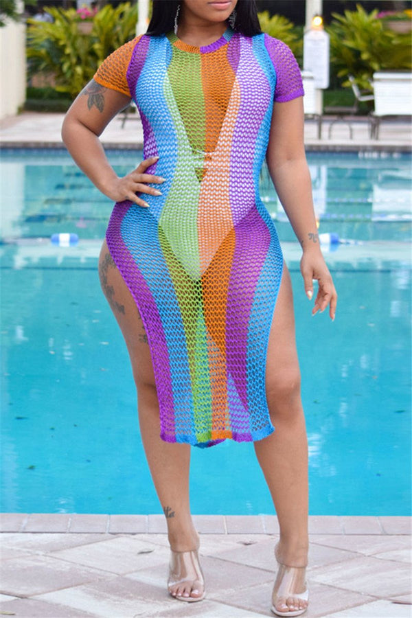 Striped Split Mesh Cover Up Dress