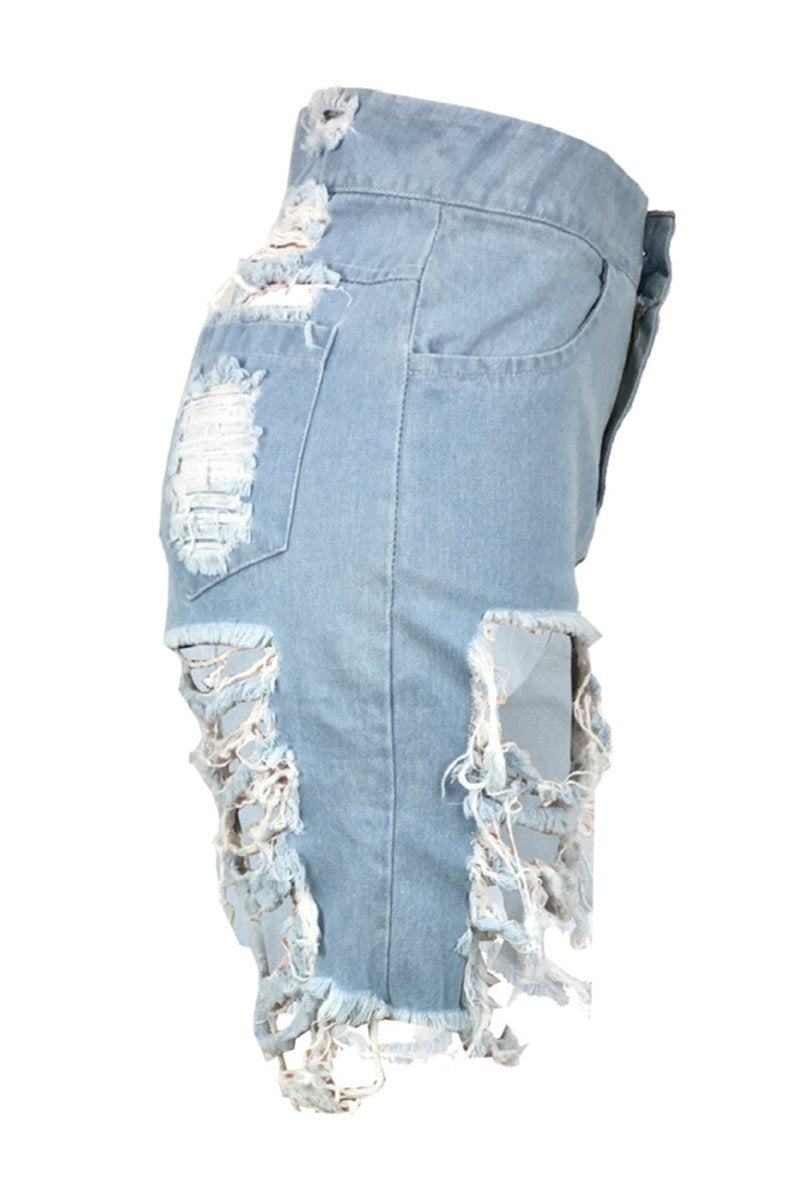 Distressed High Waist Denim Shorts - outyfit