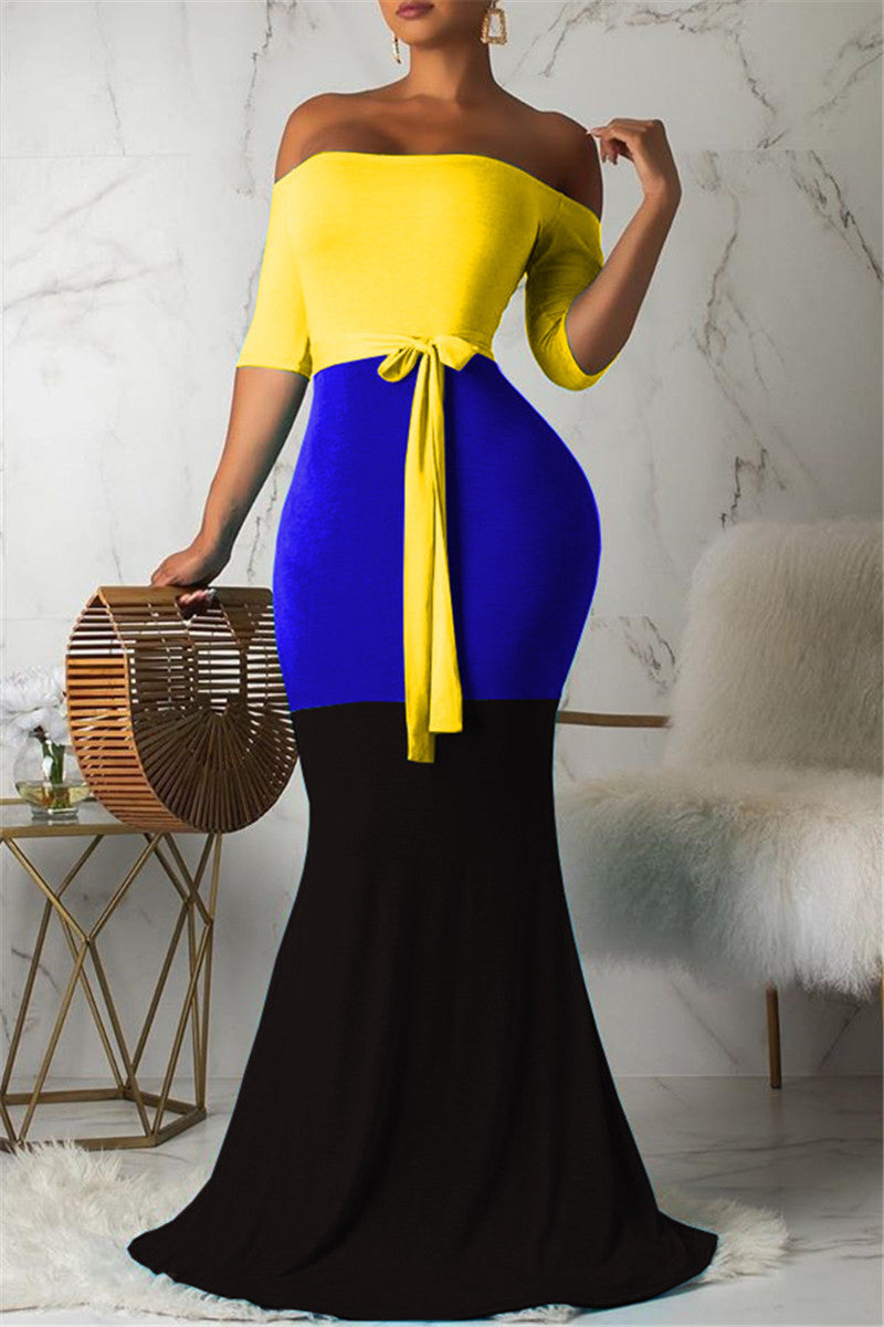 Color Splicing Maxi Dress With Belt - outyfit