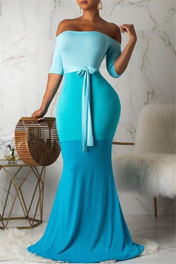 Color Splicing Maxi Dress With Belt - outyfit