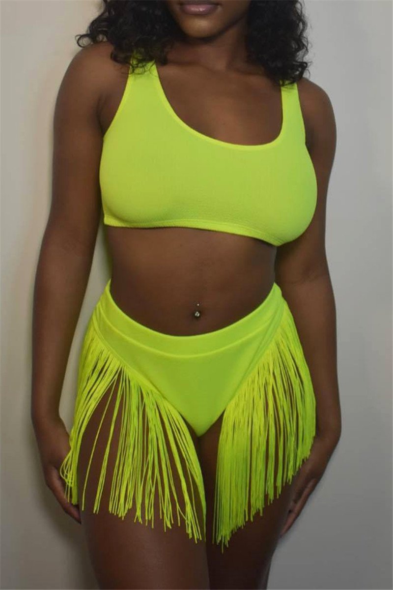 Solid Color Tassel Swimwear Sets