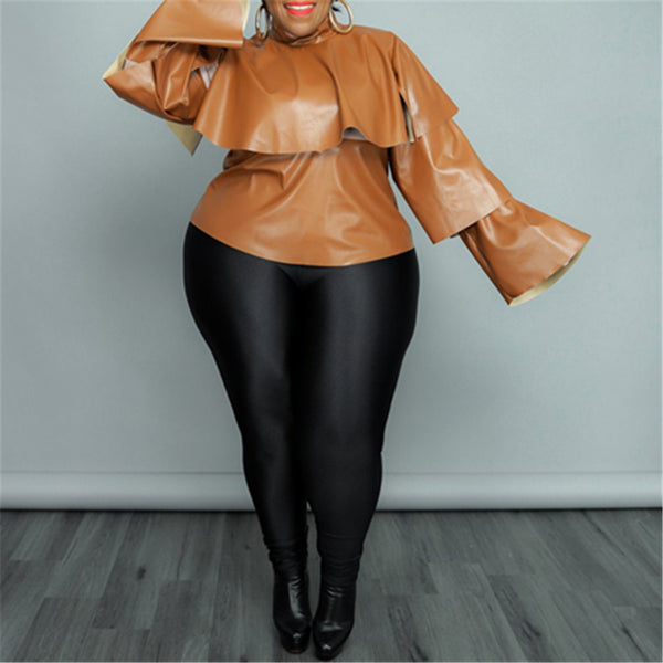 Plus Size S-5XL Layered Ruffled Zipper-Back Faux Leather Top