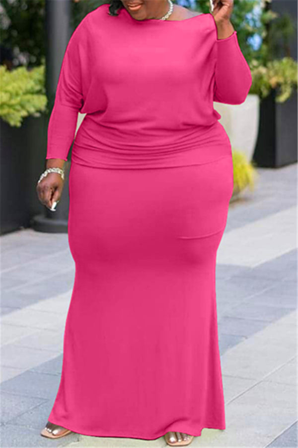 Plus Size XL-5XL Solid Color Round Collar Maxi Dress