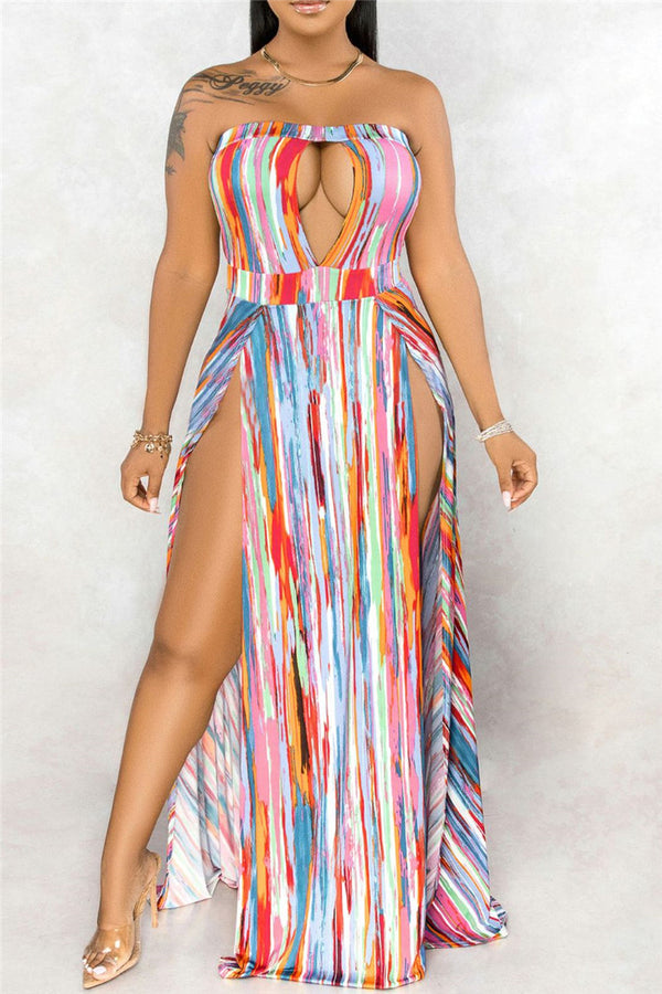 Hollow Out Printed Split Tube Dress