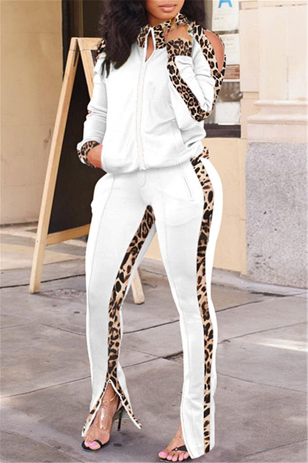 Leopard Splicing Cold Shoulder Top with Pocketed Zipper Hem Pants Sets