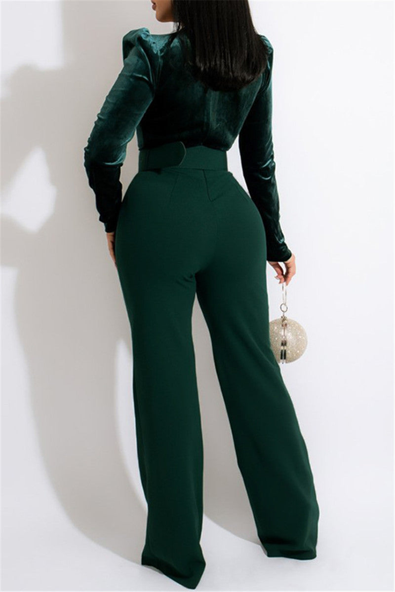 Velvet Splicing Belted V Neck Fashion Jumpsuit