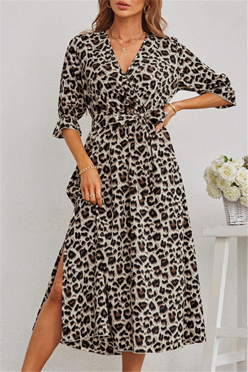 Belted Leopard Print Slit Dress