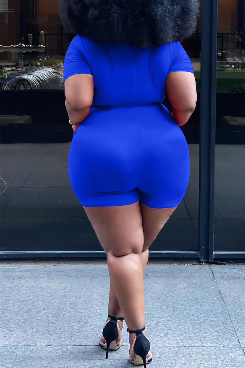 Plus Size XL-5XL V-Neck Bandage Waist Pocketed Romper