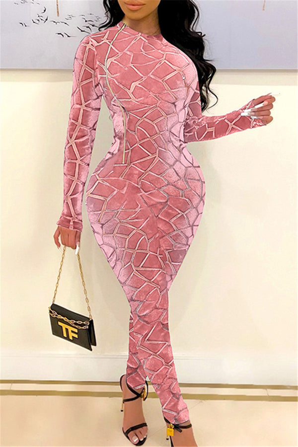 Flocking Mesh Splicing Zipper Bodycon Jumpsuit