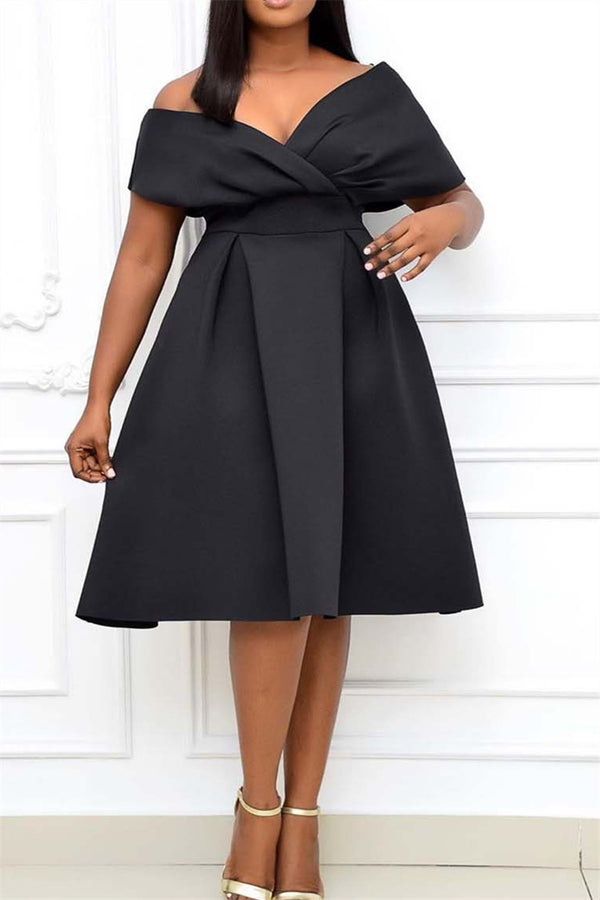 Plus Size S-3XL Solid Color Off Shouder Belted Midi Dress