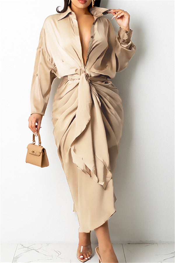 Long Sleeve Belted Ruched Silky Dress