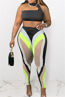 Cutout Halter Crop Top & Color Splicing Print Pants Set