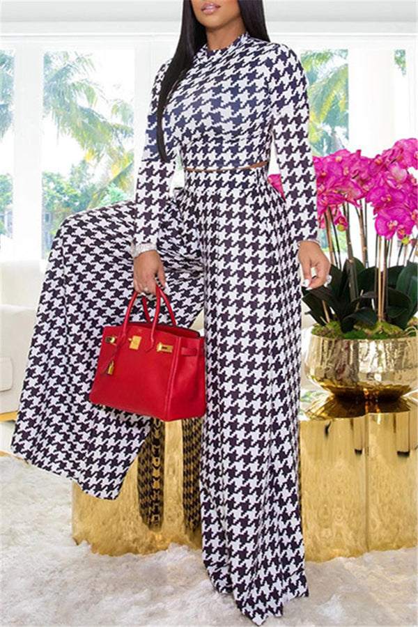 Houndstooth Printed Top with Pocketed Wide Leg Pants Sets
