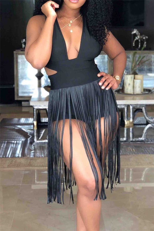 Plus Size S-3XL Tassel Deep V-Neck Backless Romper