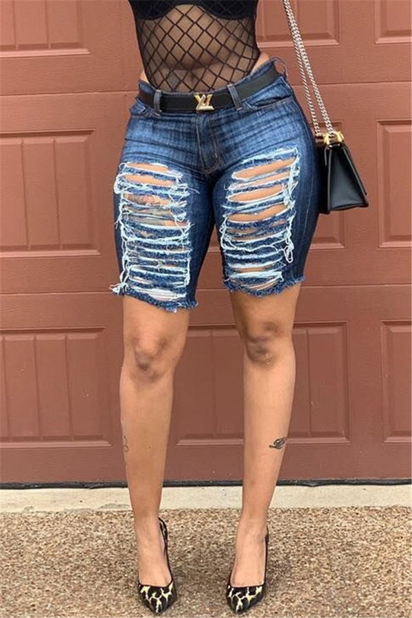 Distressed Hollow Out Denim Shorts - outyfit