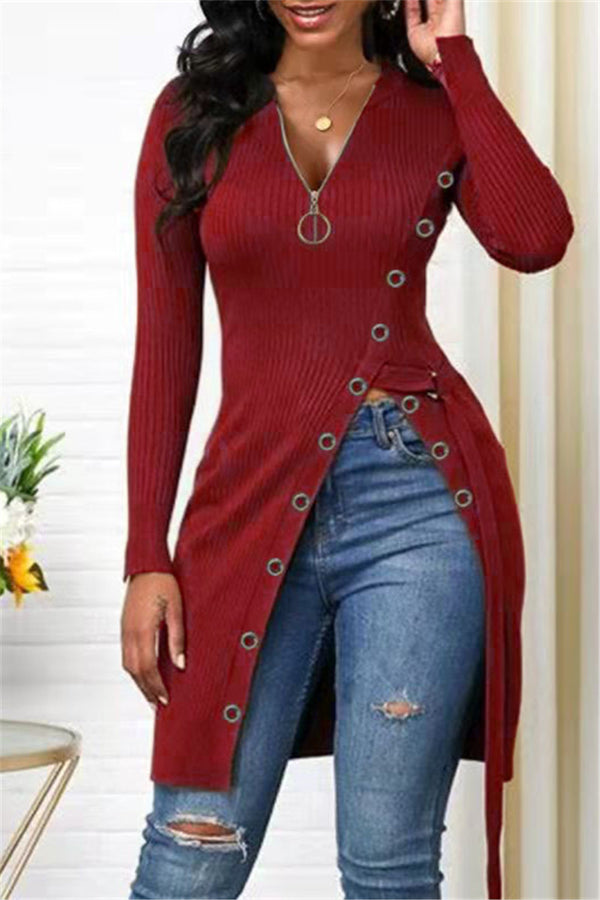 Ribbed V-Neck Long Sleeve High Slit Top