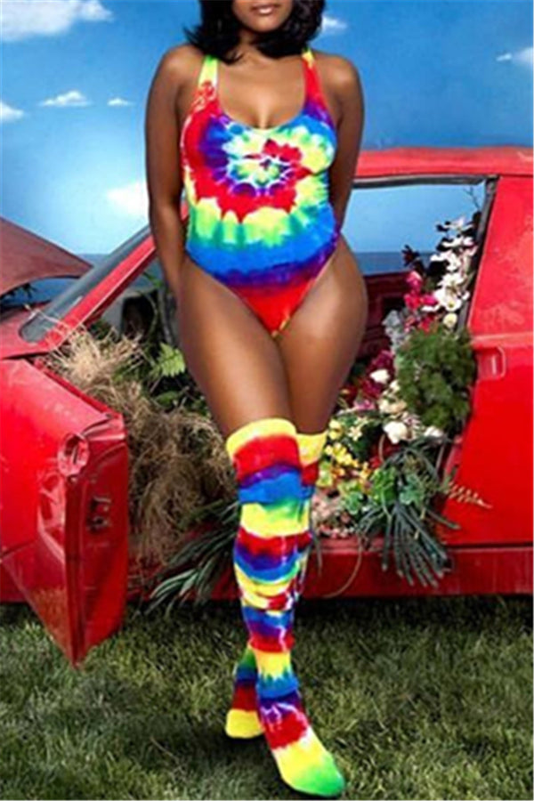 Multicolor Printed Swimwear with Matching Long Socks Sets