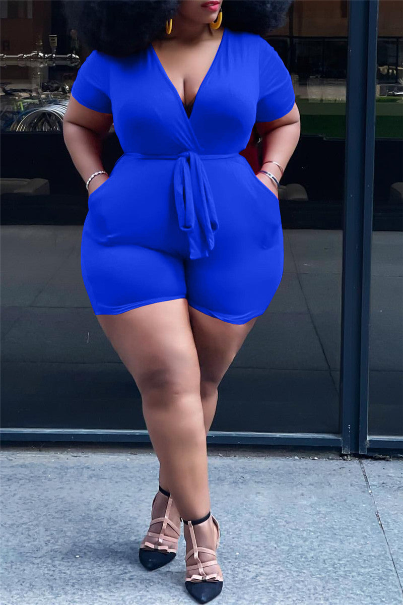 Plus Size XL-5XL V-Neck Bandage Waist Pocketed Romper