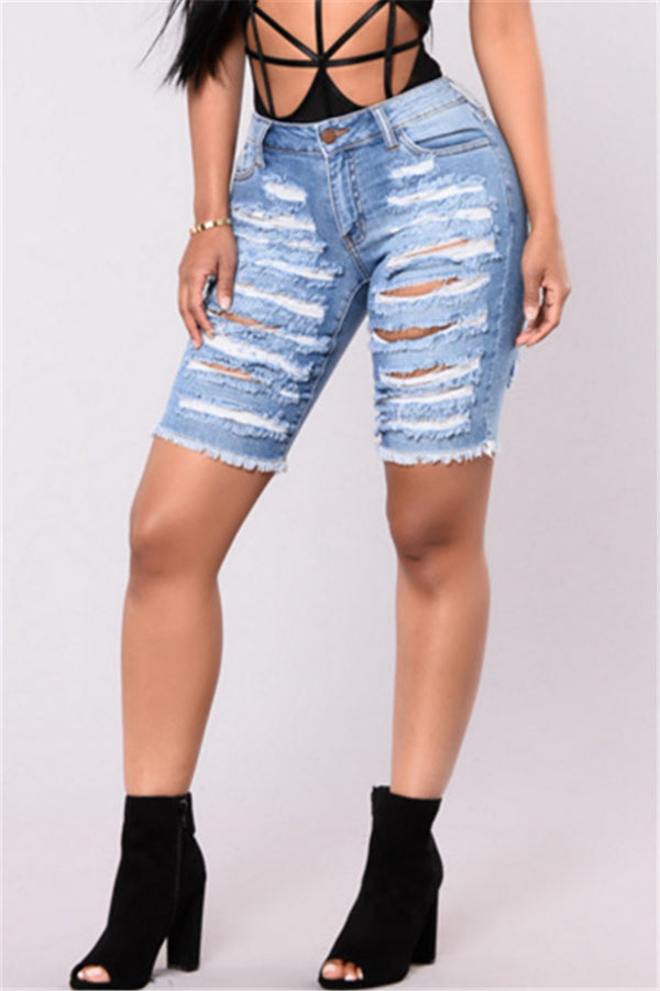 Distressed Frayed Denim Shorts - outyfit