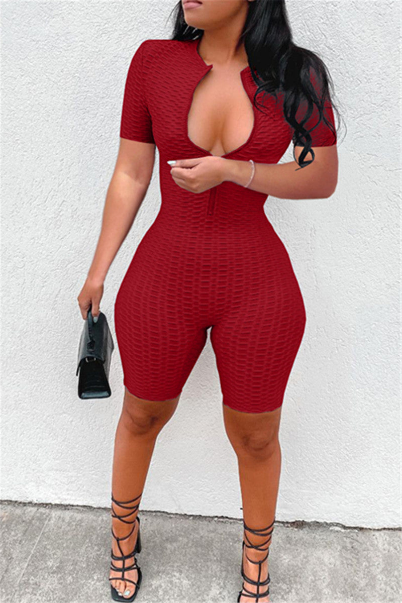 Solid Color Zipper Front Yoga Romper