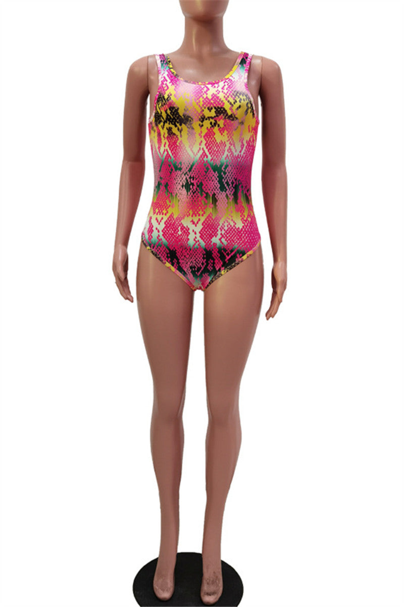 Casual Printed One Piece Swimwear with Bandage Skirt