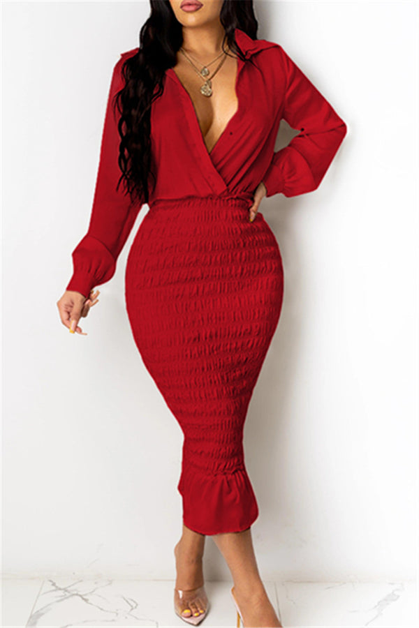 Ruched V-Neck Button Sleeve Midi Dress