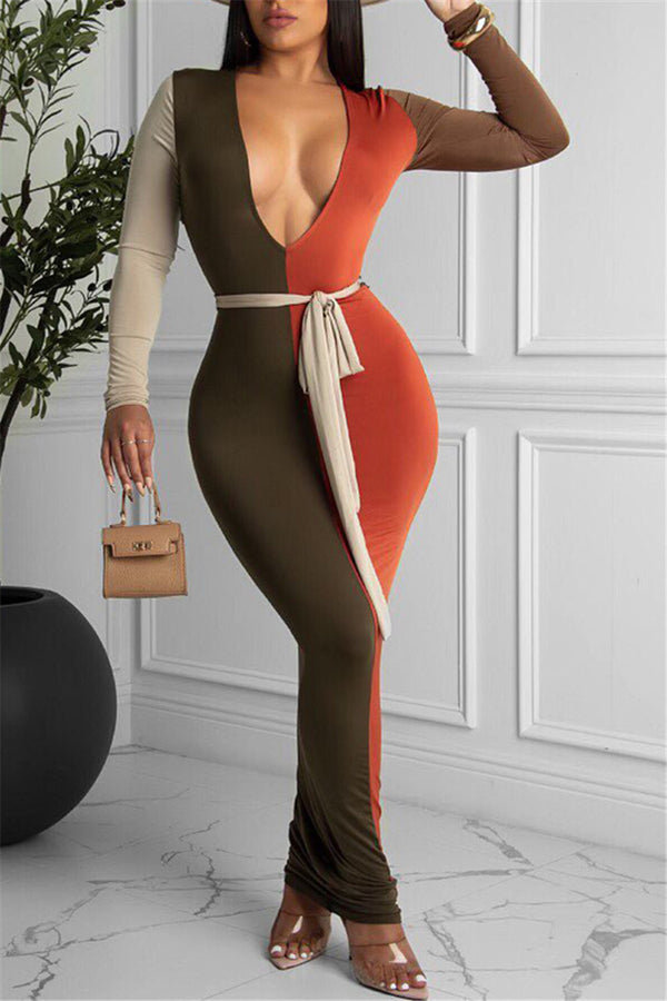 Plunging V-Neck Colorblock Dress with Belt