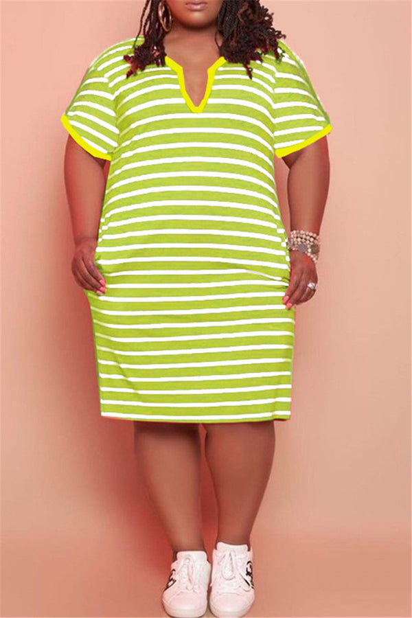 Plus Size XL-5XL Striped Pocketed Casual Midi Dress