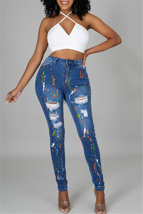 Denim Distressed  Ink Splash Printed Pants