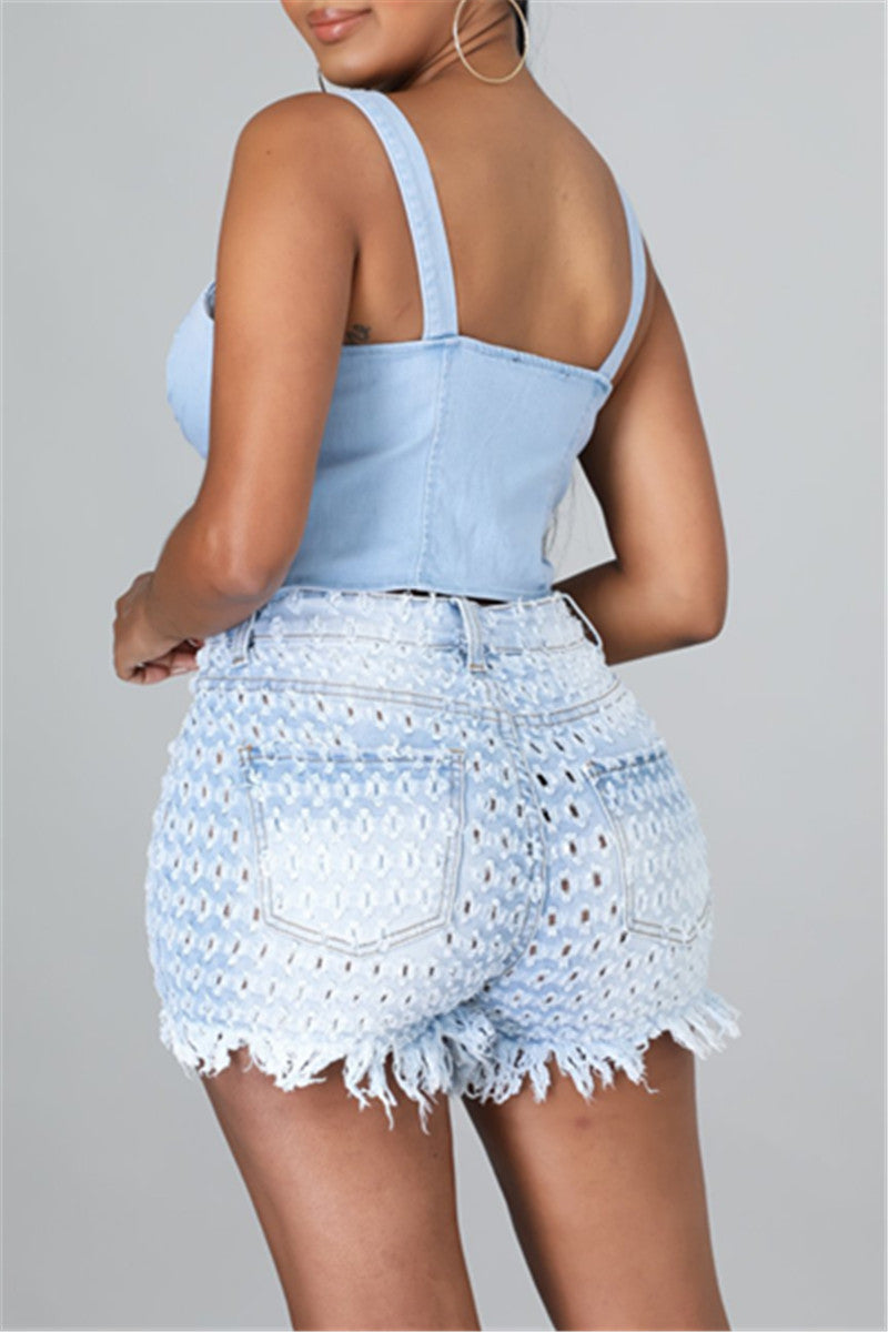 High-Rise Tassel Distressed Denim Shorts