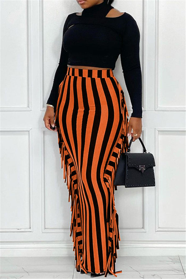 Plus Size XL-5XL Fringe Trim Striped Pants