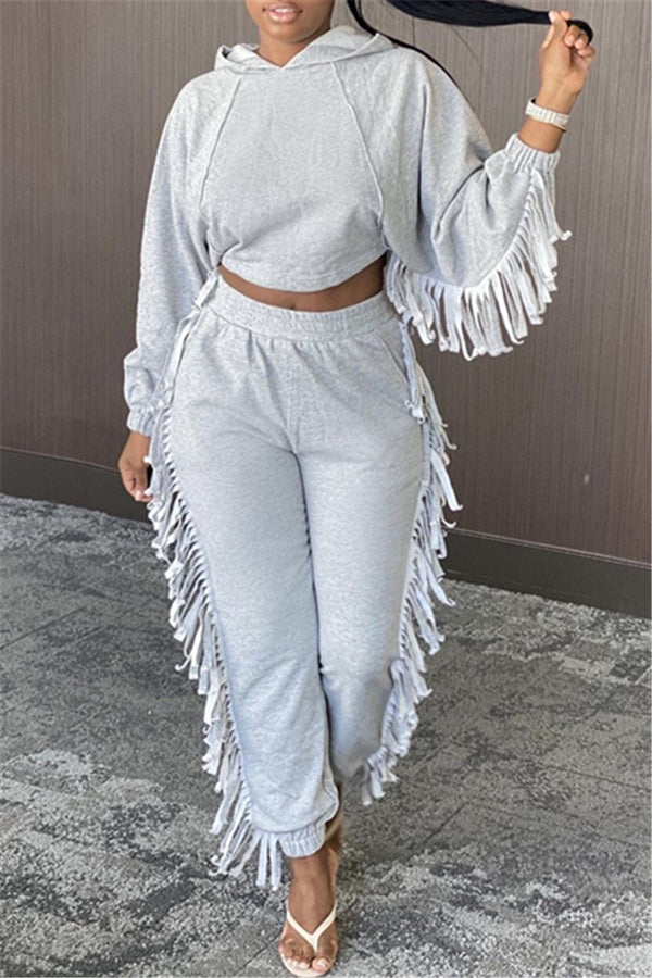 Casual Tassel Cropped Hoodie & Pocket Pants Set