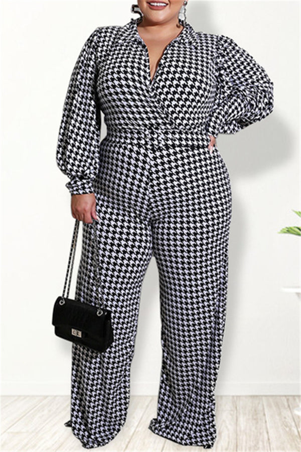 Plus Size S-5XL Belted Houndstooth Puff Sleeve Jumpsuit