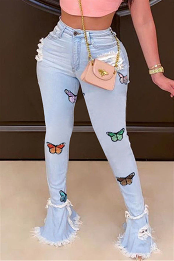 Embroidery Butterfly Flare Denim Pants