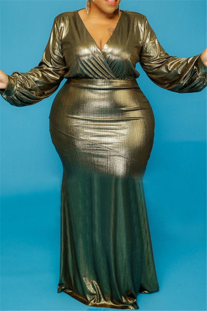 Plus Size S-5XL Bronzing V-Neck Maxi Party Dress