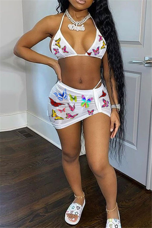 Printed Two Piece Bikini with Ruched Skirt Sets