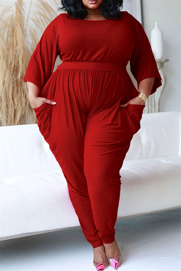 Plus Size L-5XL Ruched Pocketed Casual Jumpsuit