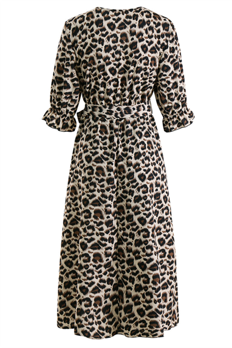 Belted Leopard Print Slit Dress
