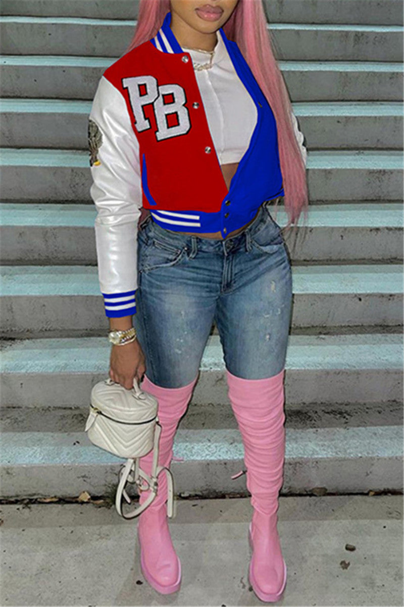 Letter Print Colorblock Baseball Jacket