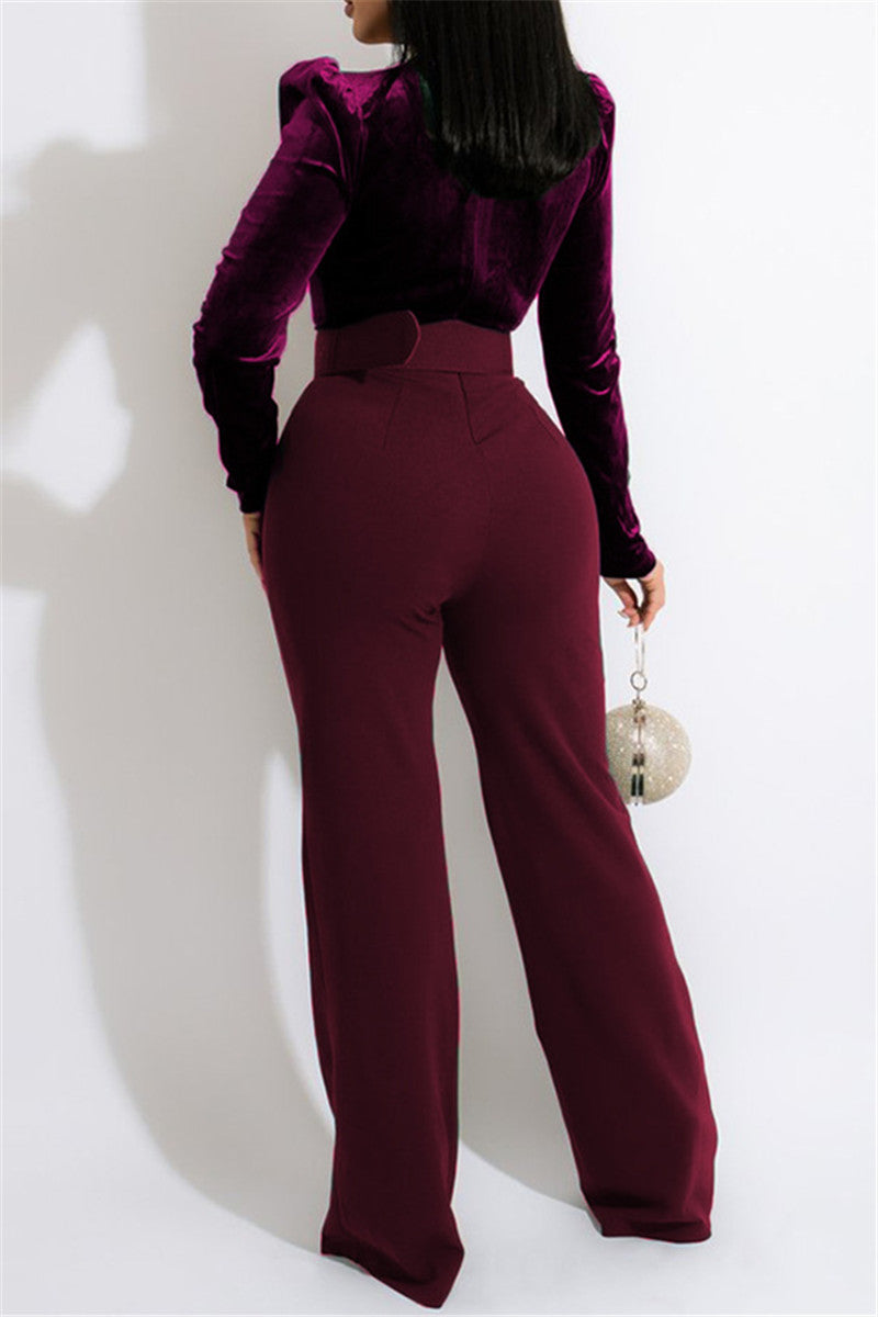 Velvet Splicing Belted V Neck Fashion Jumpsuit