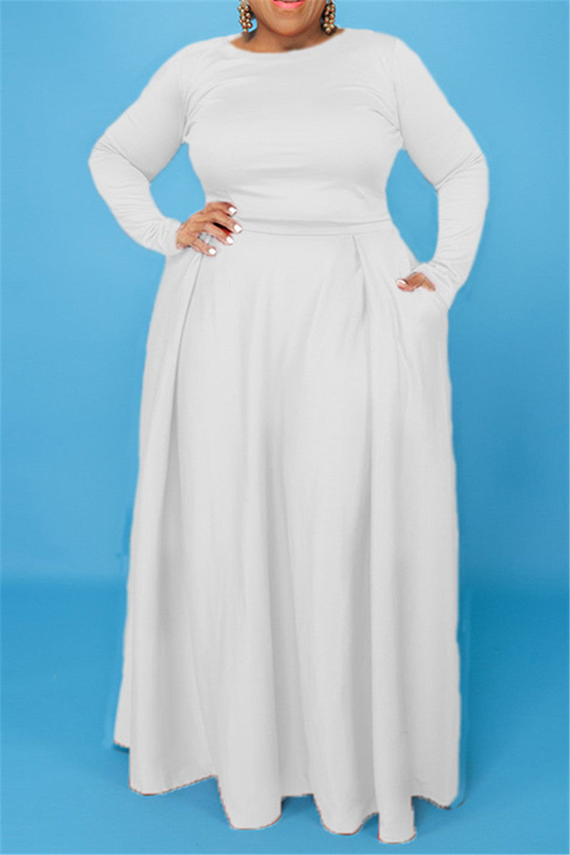 Plus Size XL-4XL Solid Color Ruched Waist Pocketed Maxi Dress