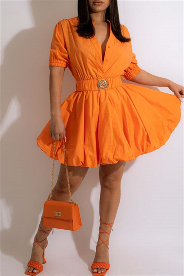 Solid Color Buttoned Mini Dress with Belt