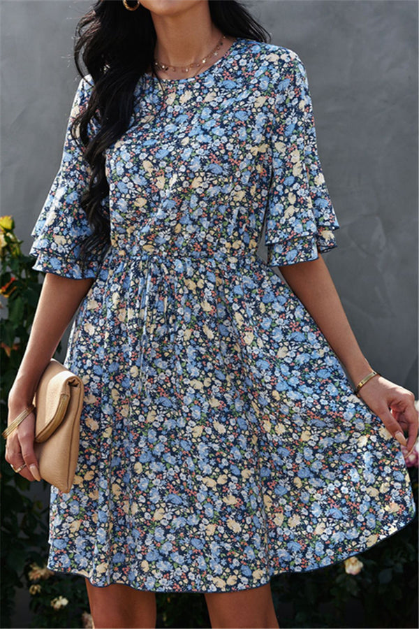Chiffon Half-Sleeve Floral Print Dress