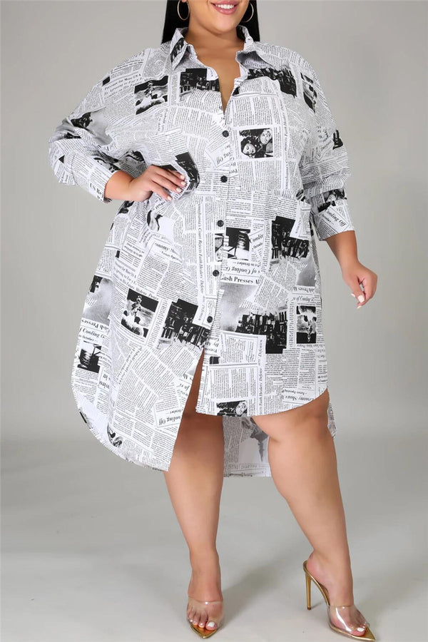 Plus Size XL-5XL Newspaper Printed Irregular Hem Casual Midi Dress